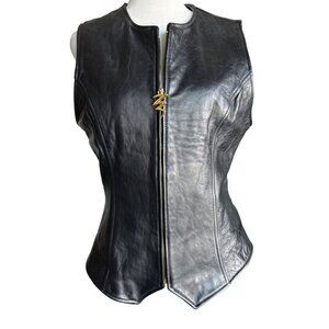Tip Top of CA Womens Black Leather Sleeveless Biker Moto Vest Cuts Motorcycle Se